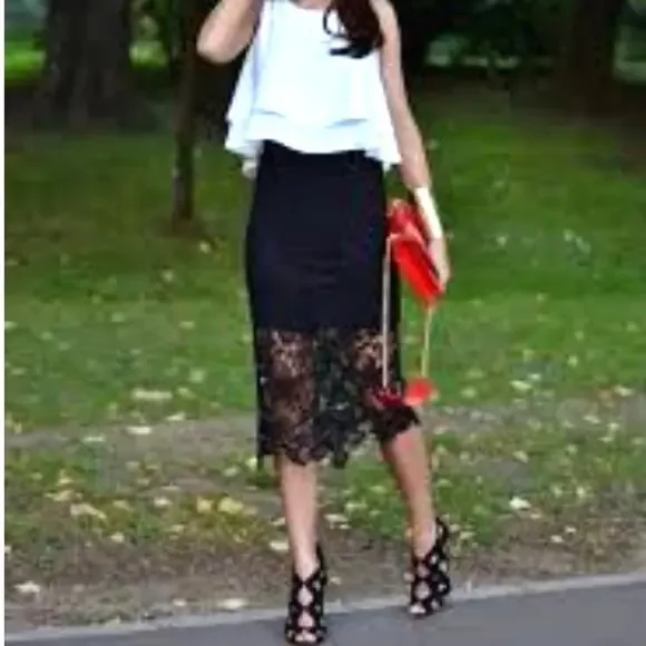 Aritzia Babaton Black Pencil Lace Overlay Skirt Midi Classic Party Formal Size 4 - Picture 12 of 16